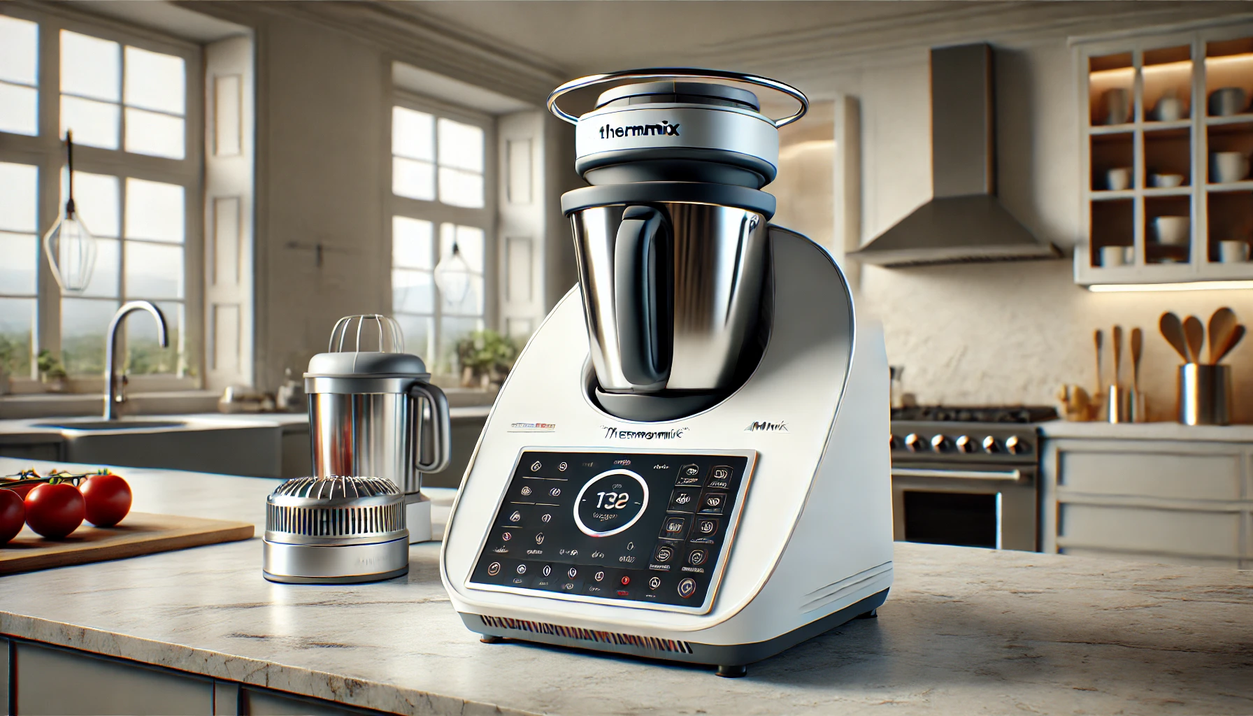 DALL·E 2025-02-10 18.26.59 - A high-resolution 3D rendering of the conceptual Thermomix TM7 in a clean white finish, featuring a larger stainless steel bowl and a full-color touch